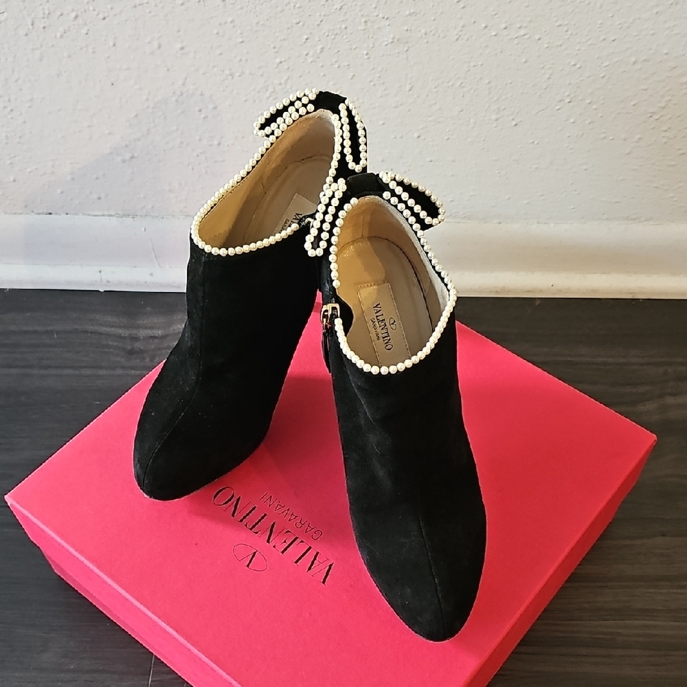 Valentino Black Suede Ankle Booties with Pearl & Bow Detail